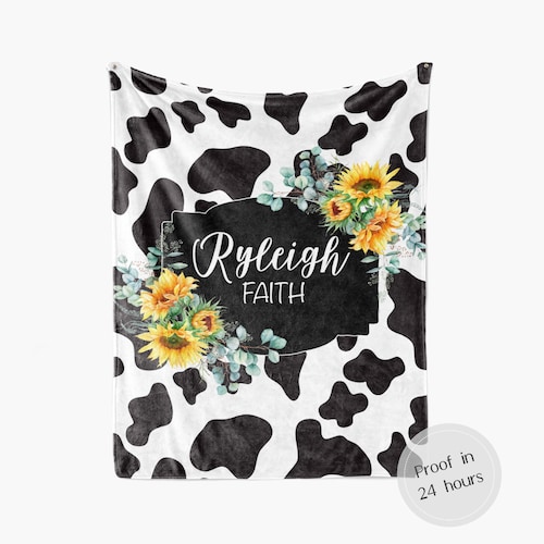 Personalized Cow Print Sunflowers Baby Girl Blanket Custom Etsy
