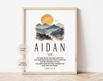 Name meaning wall art, Baby Name Sign, Christian Name Meaning, Any Biblical Name art with Bible Verse, Sun Nature Theme Boy