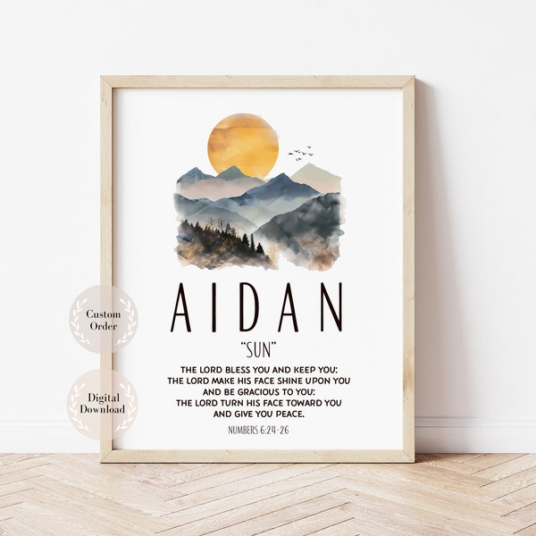Name meaning wall art, Baby Name Sign, Christian Name Meaning, Any Biblical Name art with Bible Verse, Sun Nature Theme Boy
