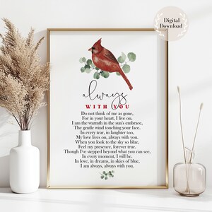 Verset commémoratif, poème commémoratif, je suis toujours avec vous, signe cardinal, lettre du ciel, cardinal messager, verset pour les funérailles imprimable