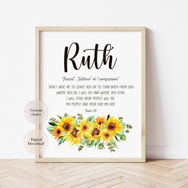 Christian Baby Name Meaning / Any Biblical Name Signification with Bible Verse / Custom Nursery Name Sign / Printable scripture sunflowers