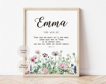 Name meaning sign, Biblical Name plaques, Custom Christian Name Meaning, Any Name art with Bible Verse, Wildflowers Nursery Sign