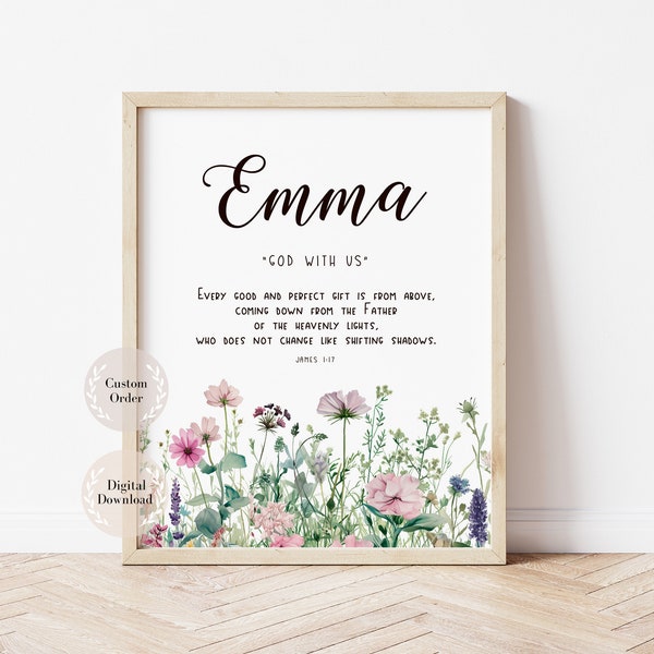 Name meaning sign, Biblical Name plaques, Custom Christian Name Meaning, Any Name art with Bible Verse, Wildflowers Nursery Sign