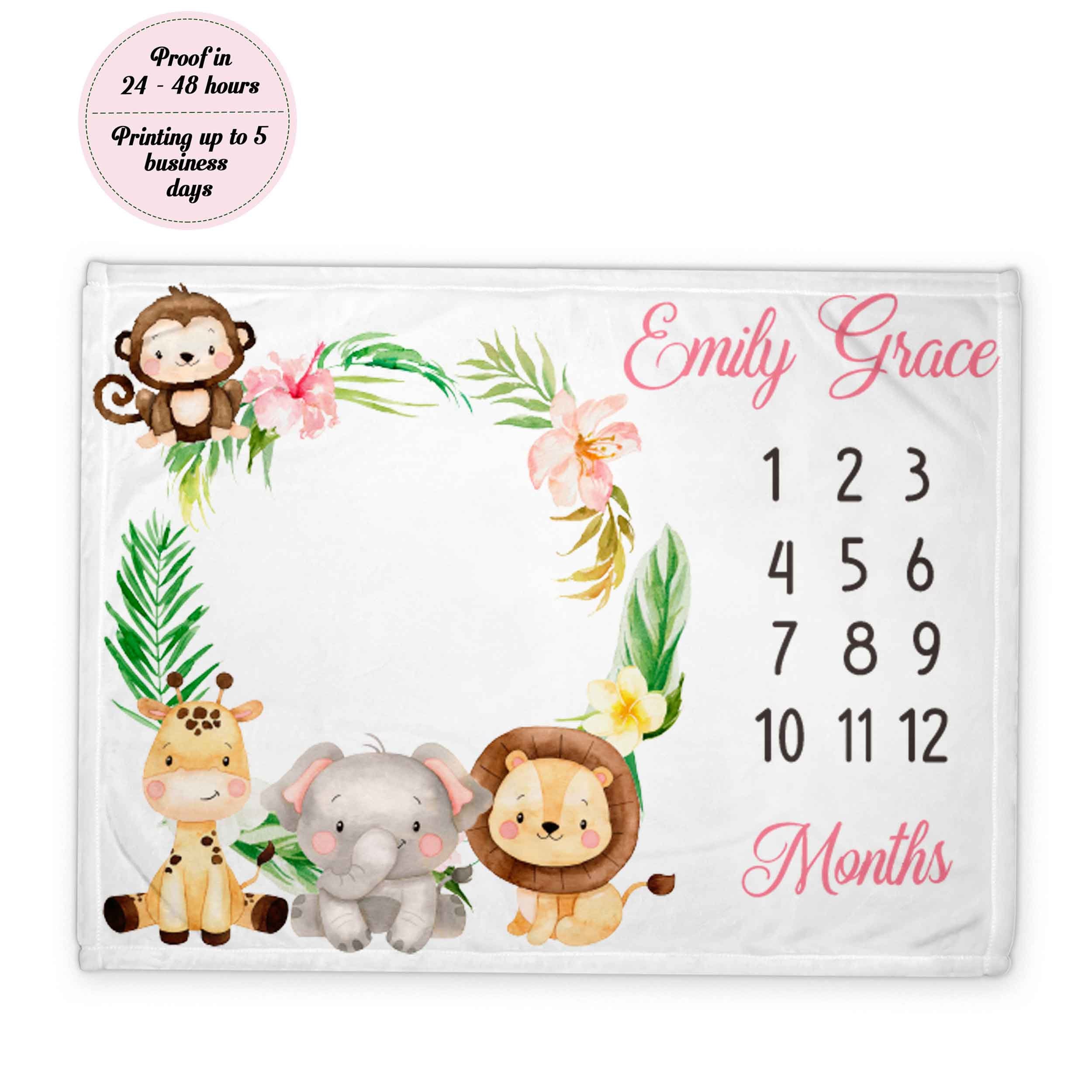 Safari Milestone Blanket Girl Personalized Tropical Month Etsy