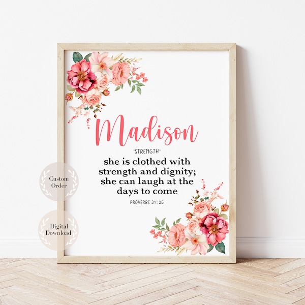 Name meaning poster, Name meaning sign, Spiritual Name Meaning, Any Biblical Name art with Bible Verse, Girl Nursery sign Vintage Flowers