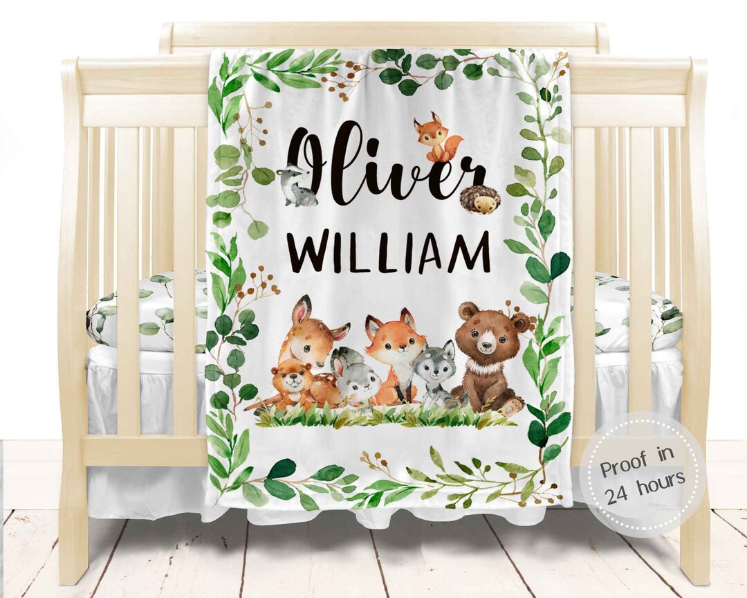 Custom Baby Blanket Woodland Animals Baby Name Blanket Forest Etsy