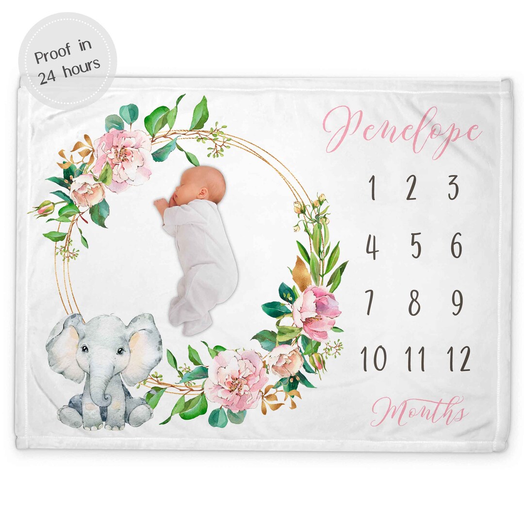 Personalized Baby Elephant Blanket Milestone Girl Custom Zoo Safari