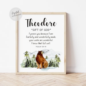 Significado de nombre personalizado Significado de nombre bíblico con verso de la Biblia Signo de impresión personalizado Signo de nombre de guardería niño habitación bosque montañas