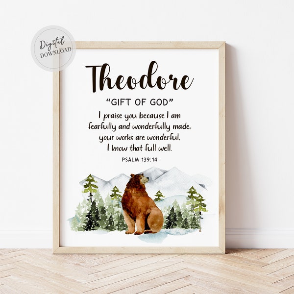 Custom Name Meaning Biblical Name Meaning with Bible Verse Custom Print Sign Nursery Name Sign boy room forest mountains