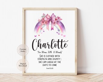 Name meaning sign, Baby Name Sign, Christian Name Meaning, Any Biblical Name art with Bible Verse, Rainbow Bow Theme Girl