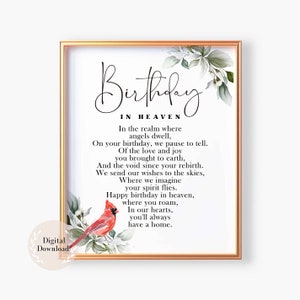 Happy Birthday in the Heaven, Himmlisches Geburtstagsgedicht, Happy Heavenly 1st Birthday Gedicht, Kardinalschild, druckbares Gedenkschild mit Gedicht