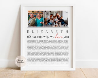 60 things we love about you, Mom birthday gift, 60th birthday gift, aunt, mom, grandma, Custom photo collage, Any Age Picture birthday sign