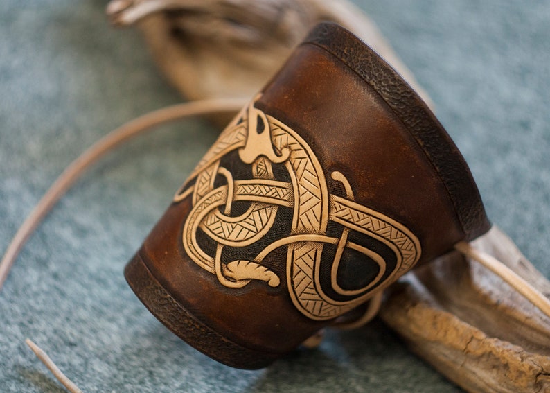 Nordic arm bracer Ouroboros bracelet for viking costume Elf armor Leather Bracer with jormungand Viking/'s serpent bracelet