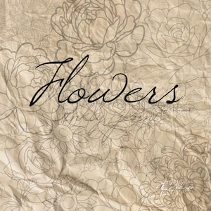 May include: A digital illustration of various flowers in black and white on a beige background. The text "Flowers for Procreate" is written in black cursive.