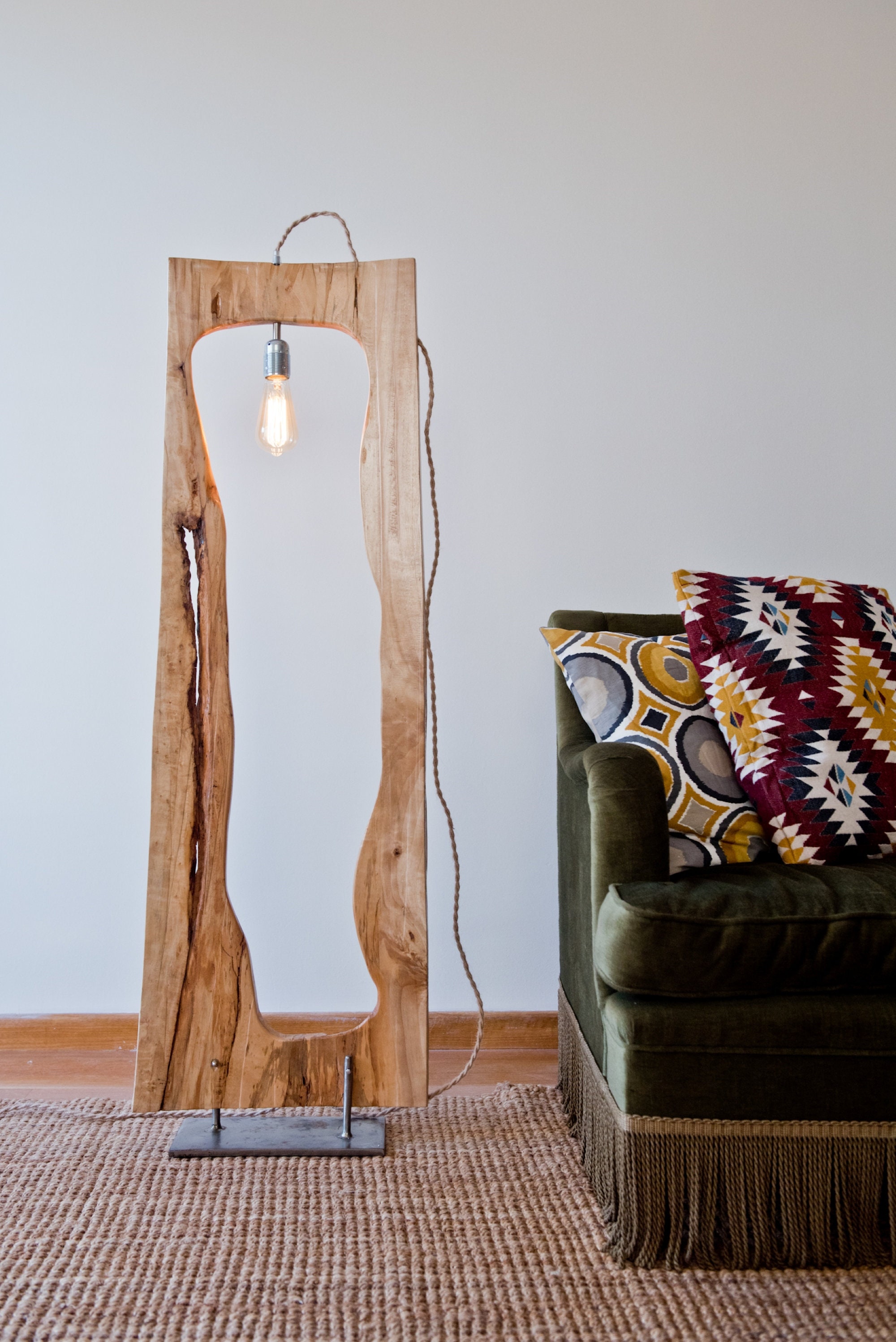 One of a Kind live Edge Wooden Floor Lamp Poplar Wood Handmade