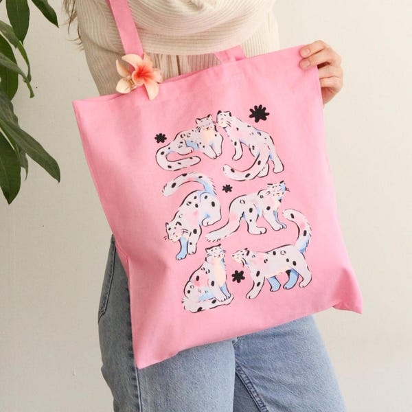 Różowa torba z panterką śnieżną ~ Urocza torba ze zwierzęciem ~ Bawełniana torba artystyczna