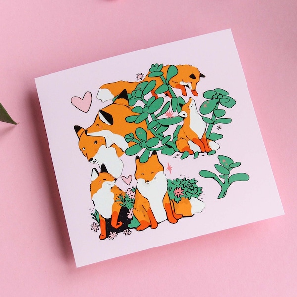 Love Foxes Art Print ~ Animal Fineart Print ~ Cute Fox Card ~ Square