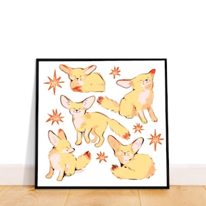 May include: A white background with a black frame around a print of five yellow fennec foxes with orange accents. The foxes are in different poses and are surrounded by orange stars.
