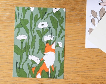 Fox between Flowers - A6 Post Card Art Print - Animal Design - Illustrated Cards