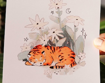 Tiger Flower Print ~ A5 Animal Fineart Print ~ Cute Tiger Card