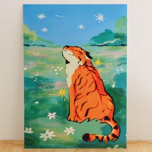 Glücklicher Tiger Zeichnung Landschaftsdruck ~ A5 Niedlicher Kunstdruck ~ Tier Kunstdruck