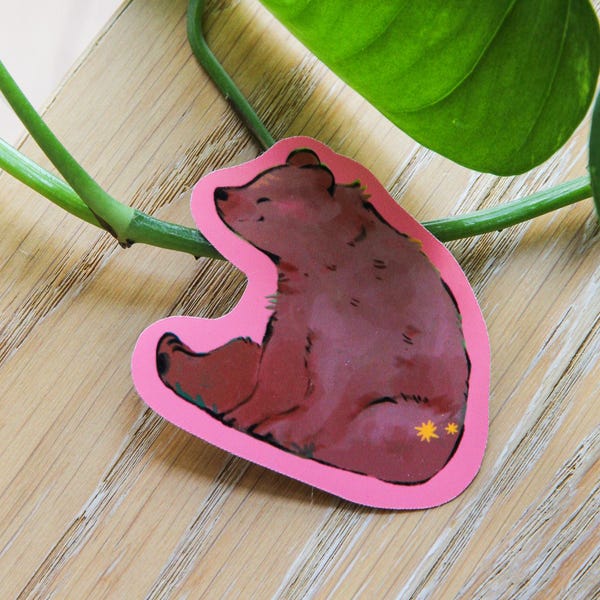 Pink Brown Bear Single Sticker ~ Vinyl Kawaii Glossy Sticker ~ Animal Stationary Planner Stickers
