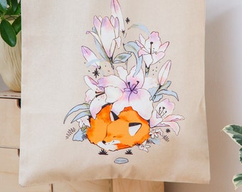Sleepy Fox Tote Bag ~ Cute Animal Tote Bag ~ Artist Design ~ Cotton Art Bag