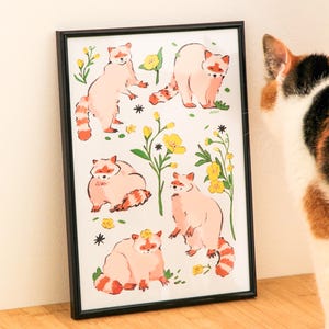 Impression de fleurs de raton laveur ~ Impression d'art mignonne A4 ou A5 ~ Impression d'art animalier