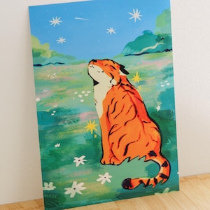 Glücklicher Tiger Zeichnung Landschaftsdruck ~ A4 Niedlicher Kunstdruck ~ Tier Kunstdruck