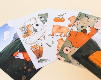 Lot de cartes postales animal illustré mignon - impression d'art carte postale A6 - design animal - lot de trois ou cinq