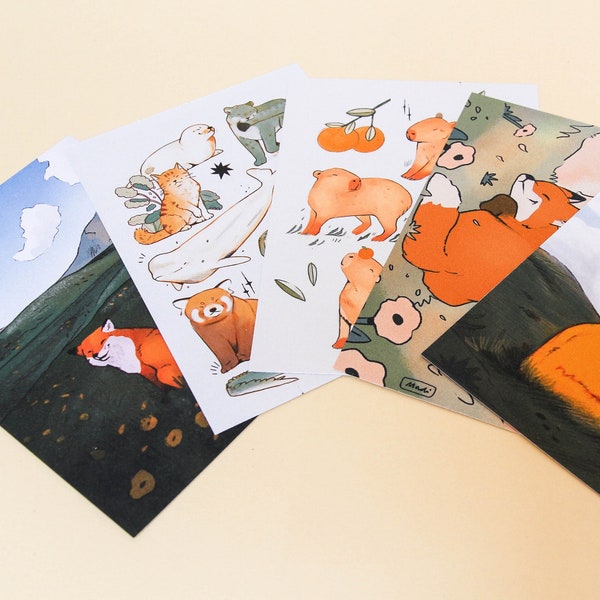 Lot de cartes postales animal illustré mignon - impression d'art carte postale A6 - design animal - lot de trois ou cinq