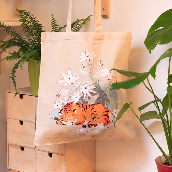 Sleepy Tiger Tote Bag ~ Cute Animal Tote Bag ~ Flower Design ~ Cotton Art Bag