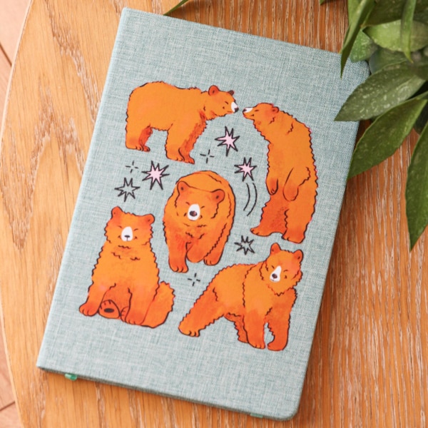Brown Bear Notebook - Cute Green Canvas Journal, Lined Pages A5