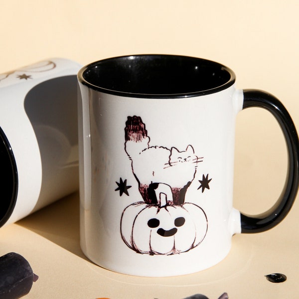 Pumpkin Cat Mug ~ Black Halloween Mug ~ Ceramic Cute Animal Illustrated Mug