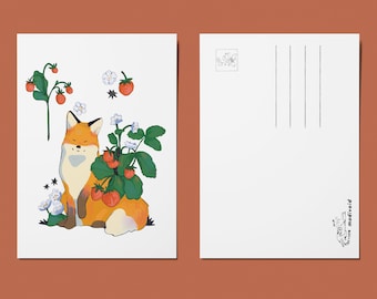 Erdbeer Fuchs Postkarte - A6 Postkarte Kunstdruck - Tier Design - Illustrierte Karten