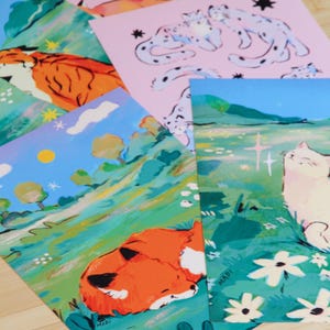 Lot de tirages d'art animal illustré mignon - impression d'art A5 - design animal heureux - dessins mignons de renards, de tigres, de ratons laveurs, de chats, de léopards des neiges