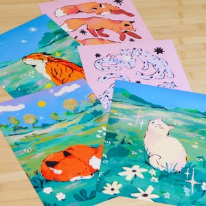 Paquete de láminas artísticas de animales adorables (A5) - Diseño de animales alegres - Dibujos de zorros, tigres, mapaches, gatos y leopardos de las nieves