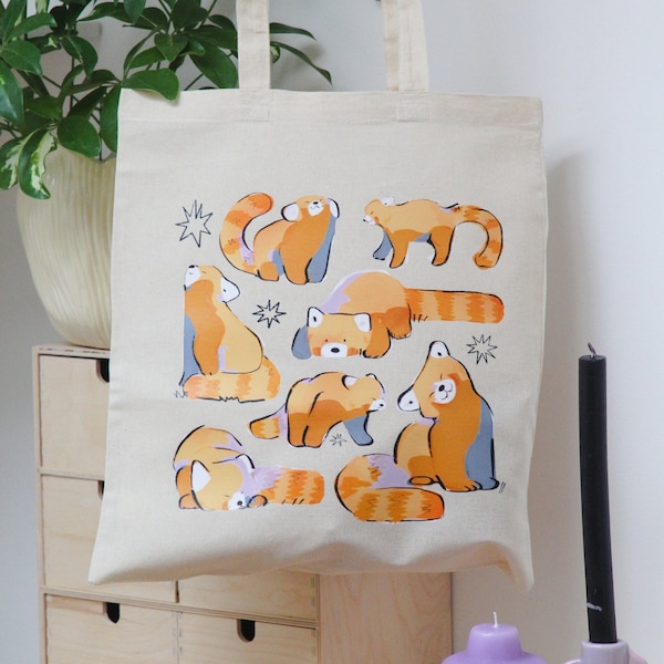 Bolso de mano de panda rojo - Lindo bolso de mano de animales - Diseño de artista - Bolsa de arte de algodón