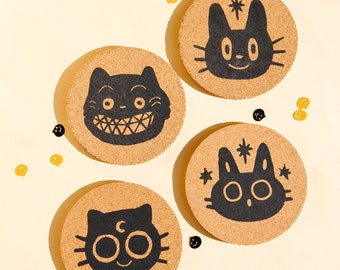 Spooky Black Cat Cork Coaster Set: Halloween Decor - Set of 4