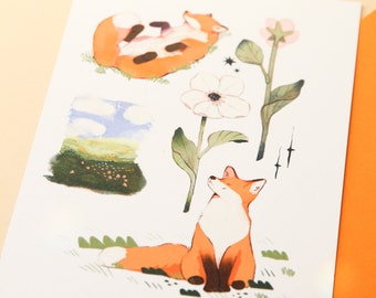 Fox Spread Postcard - A6 Post Card Art Print - Animal Design - Illustrated Cards