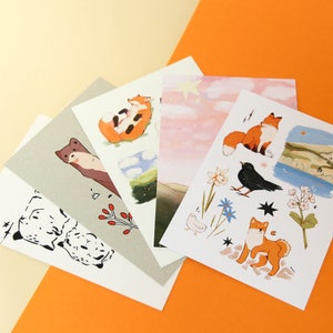 Pack of Postcards Cute Illustrated Animal A6 Post Card Art Print Animal Design Set of Three or Five zdjęcie 3