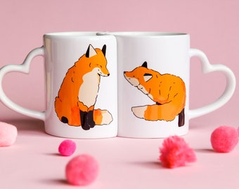 Two Kissing Foxis Partner Mugs ~ Ceramic Mugs ~ Couple Mugs ~ Heart Handle