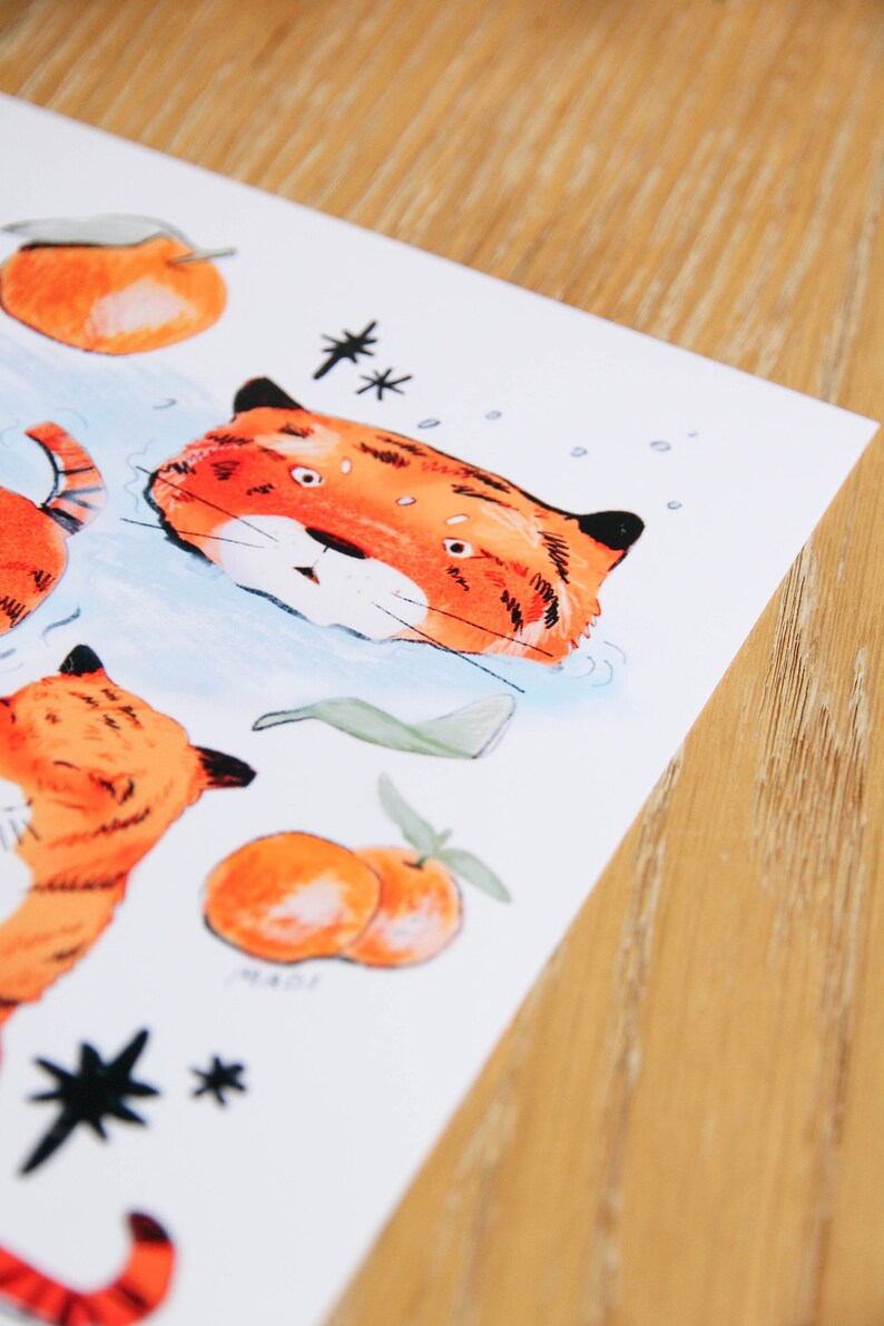 May include: A sheet of stickers featuring orange fruit, green leaves, and orange and black tigers. The stickers are on a white background.