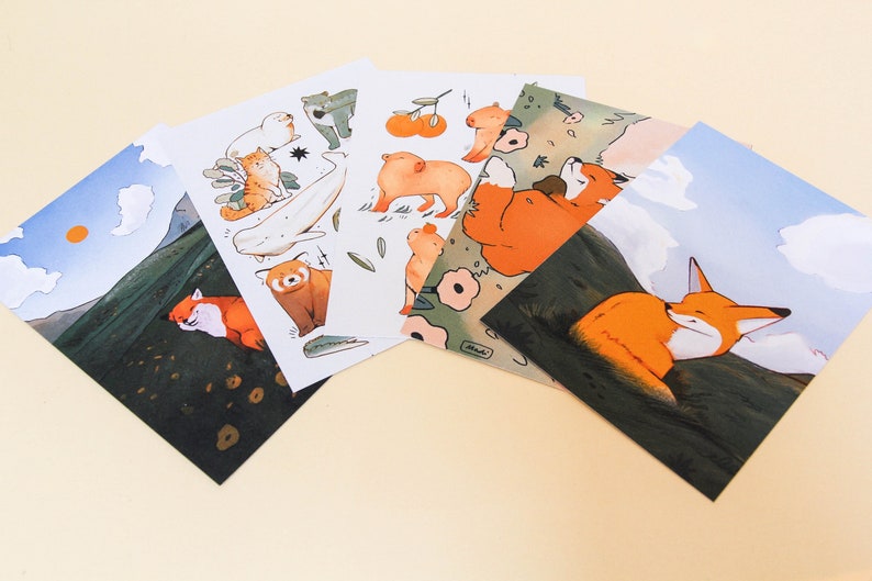 Pack of Postcards Cute Illustrated Animal A6 Post Card Art Print Animal Design Set of Three or Five zdjęcie 1