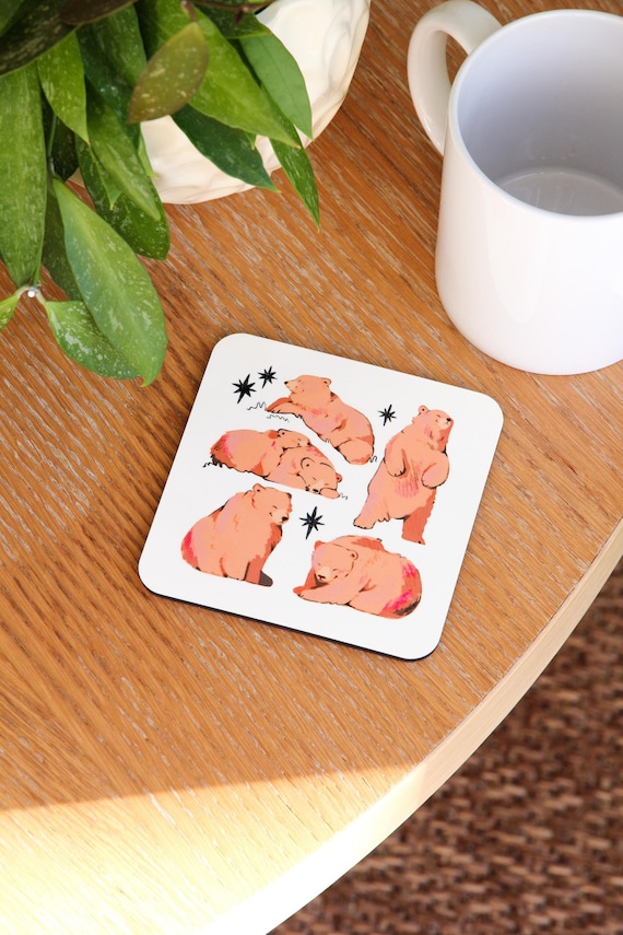 Bear Mug Coaster: Handprinted MDF Coaster with Cork Base