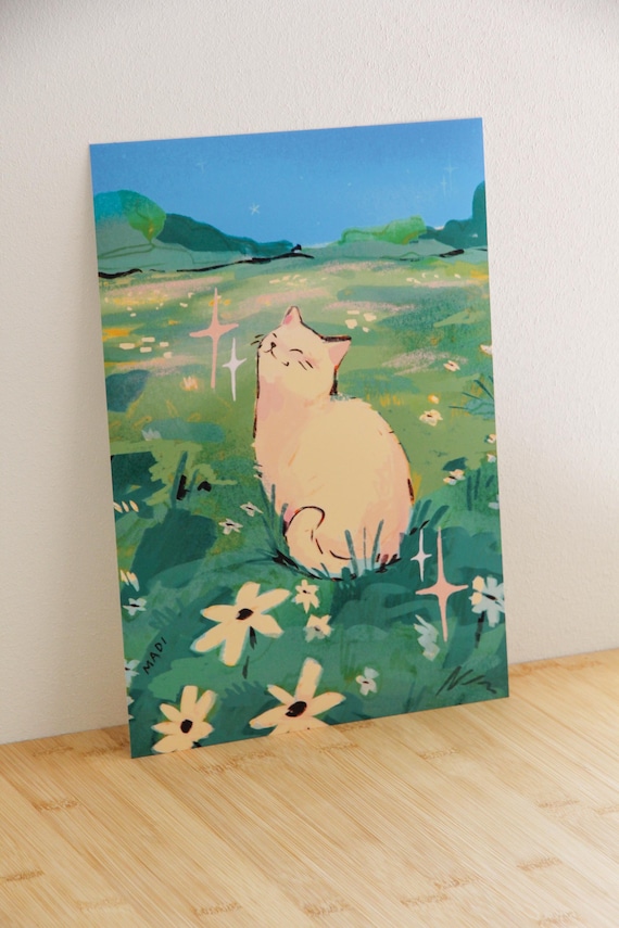Happy Cat Drawing Landscape Print ~ A5 Cute Art Print ~ Animal Art Print