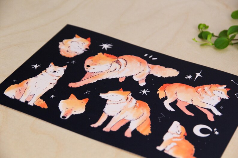 May include: A black rectangular print with watercolour illustrations of orange and white wolves in different poses. The design includes stars and a crescent moon, creating a celestial theme. The artwork has a whimsical, artistic style.