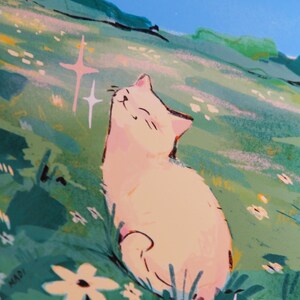 May include: An illustration of a white cat basking in the sun in a field of flowers. The cat is smiling with its eyes closed, surrounded by green grass and white flowers. The sky is blue with a few stars and the word "MADI" is in the bottom left corner.