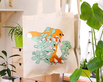 Fox Plant Tote Bag: Handprinted Natural Cotton