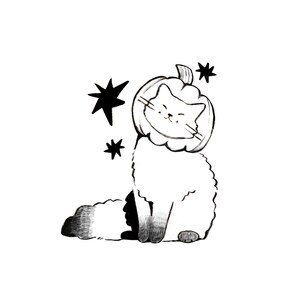 May include: A black and white illustration of a cat wearing a pumpkin on its head. The cat is smiling and has a fluffy tail. There are stars in the background.